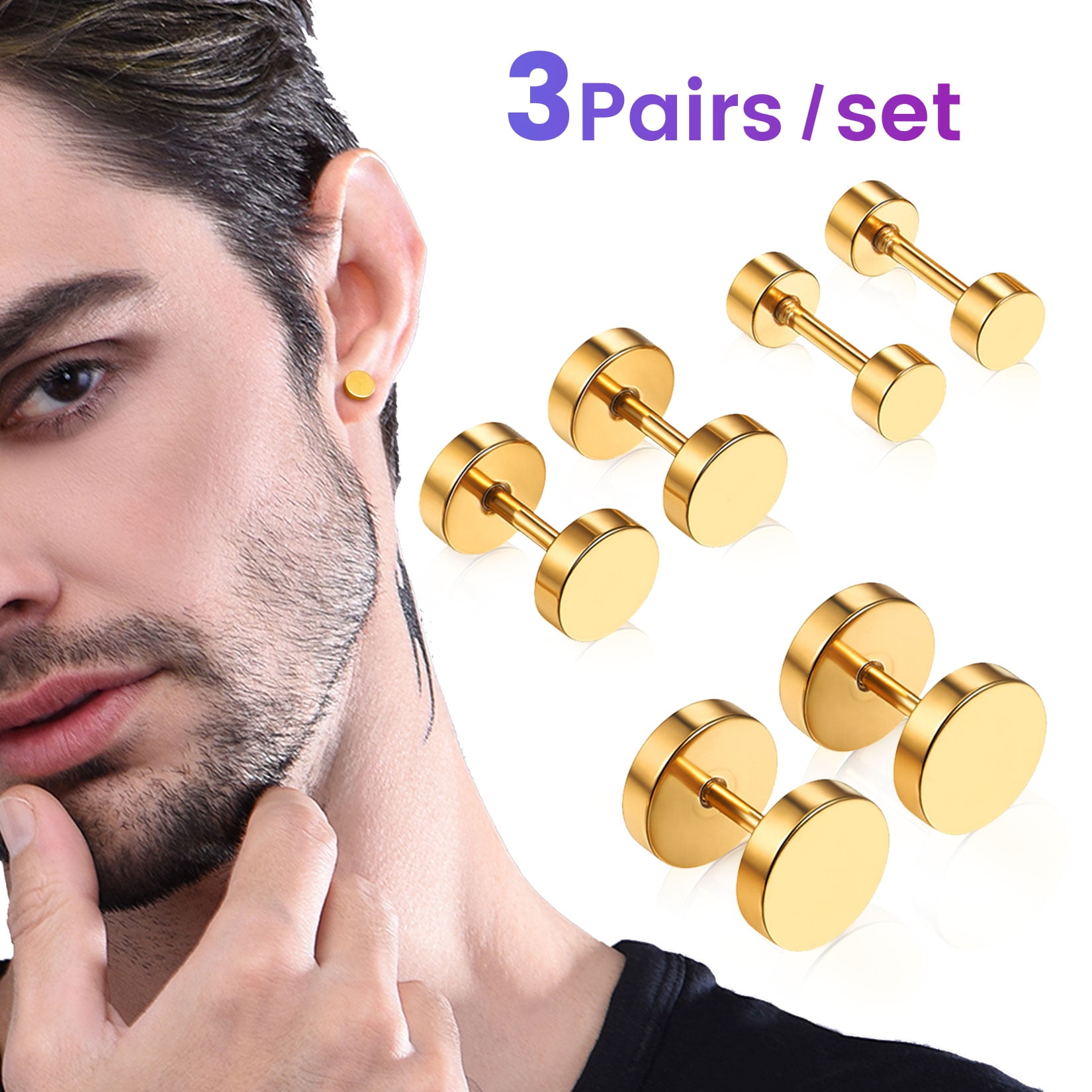 Mahi Pair of Gold Plated Rectangle Stud Earrings Black Crystal Piercin